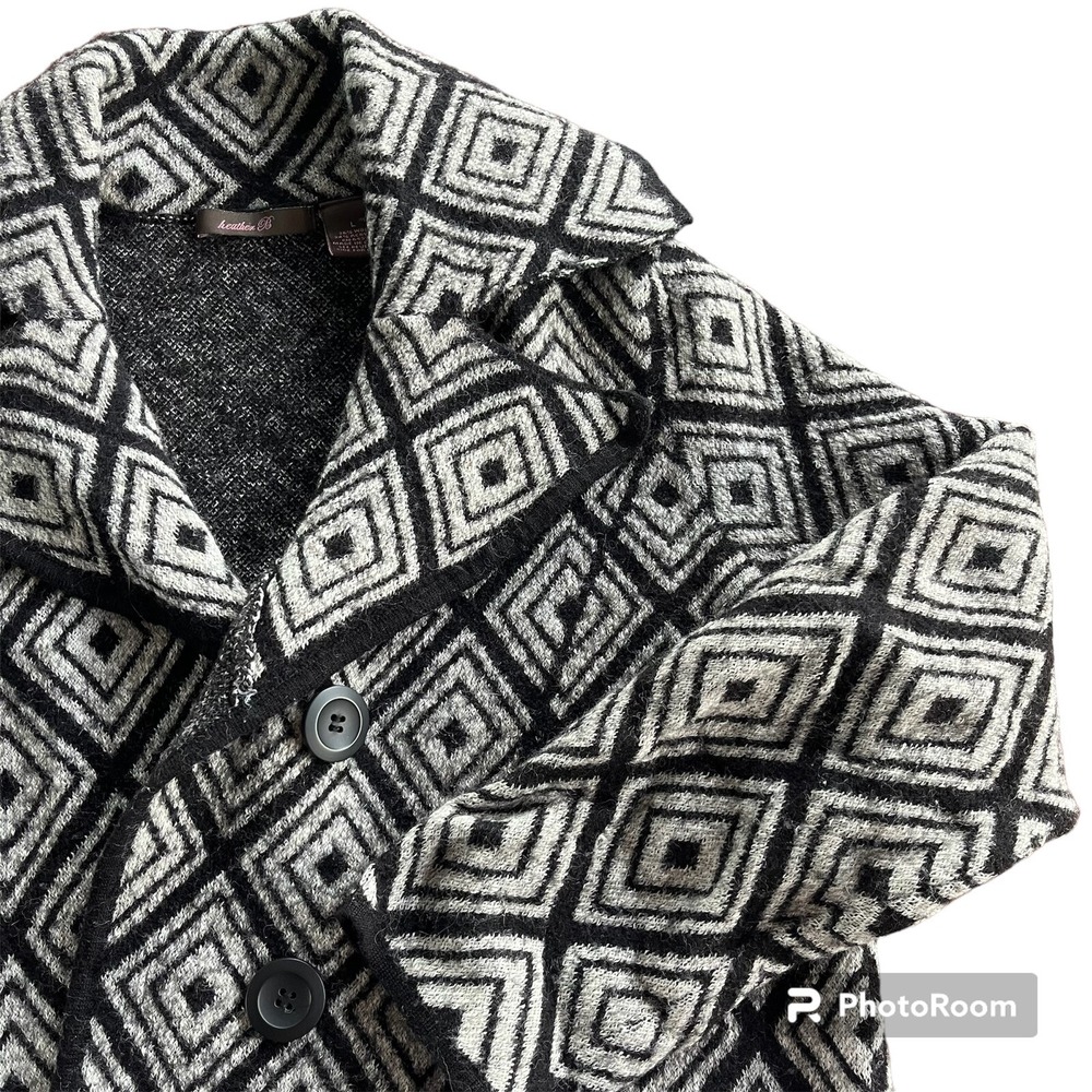 Heather B Women L Black White Geometric Diamond Wool Blend Cardigan Blazer Retro